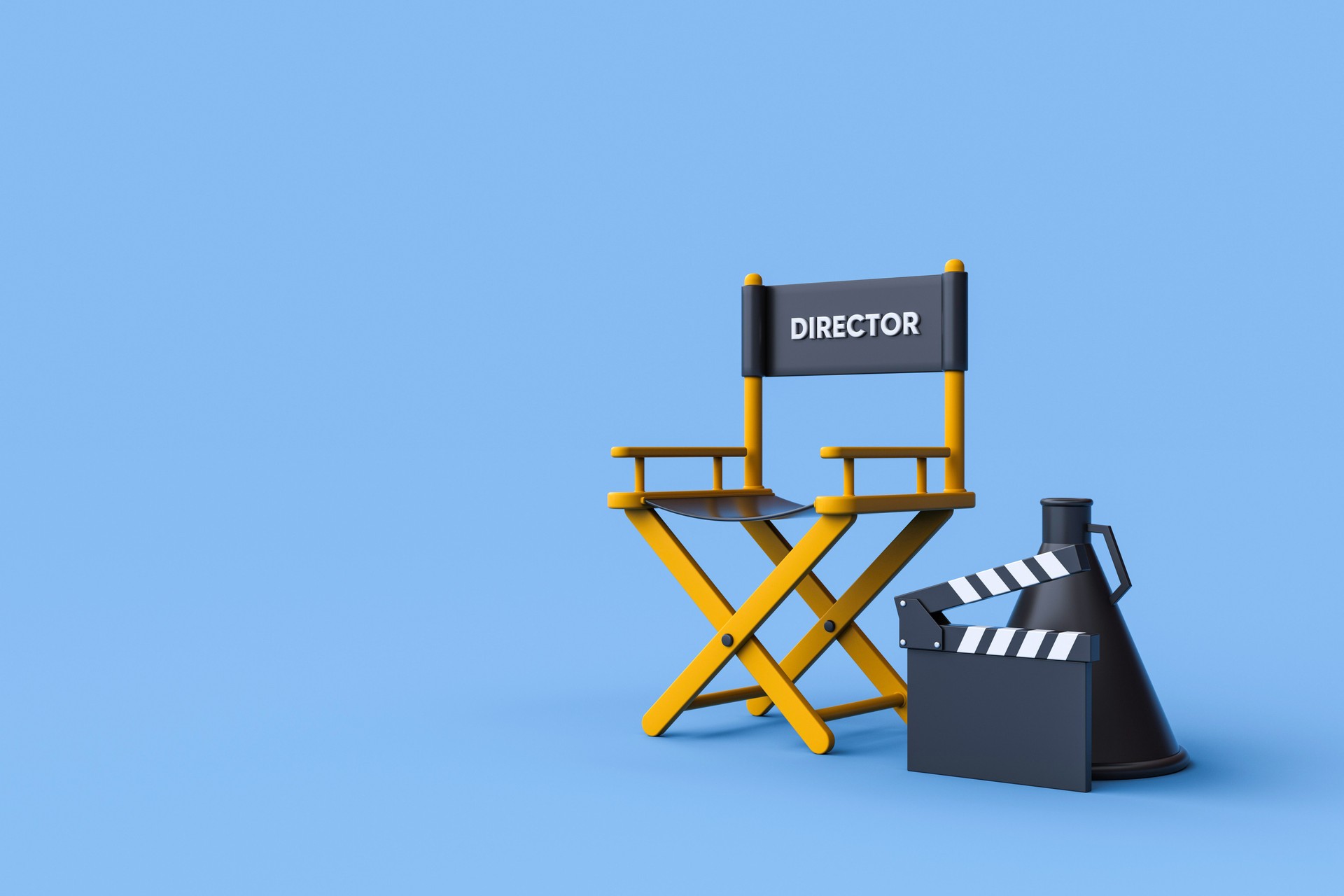 Director chair, clapperboard and megaphone on blue background